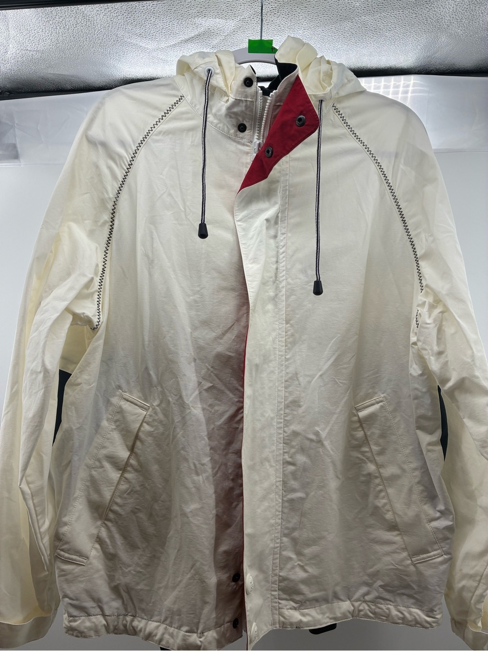 Nautica Cream Hooded Raincoat with Red Accent